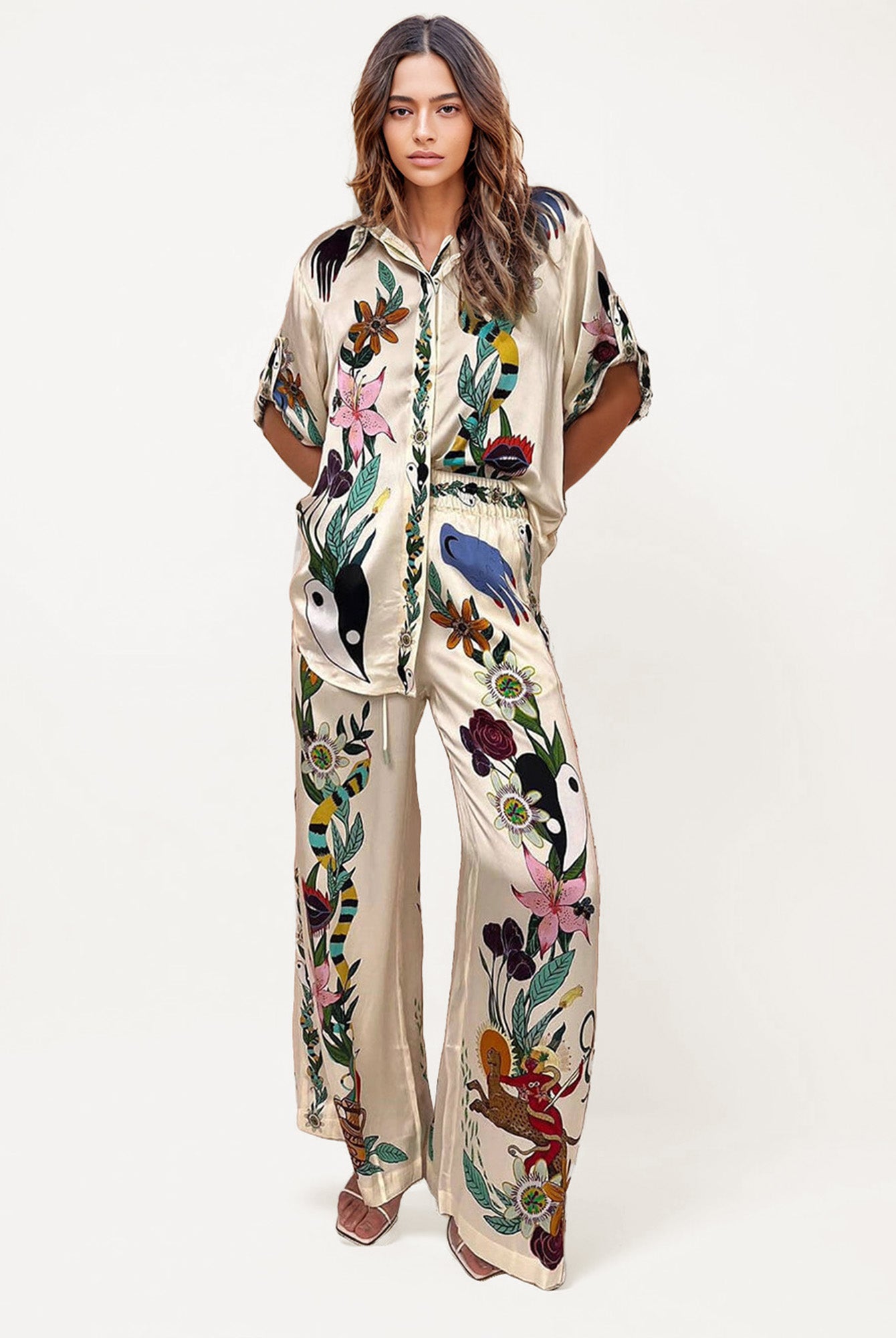Satin Oversized Blouse with Sophisticated Print Set