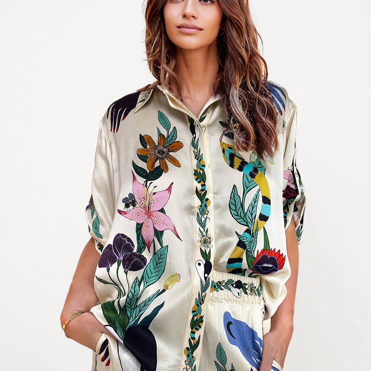 Satin Oversized Blouse with Sophisticated Print Two-Piece Set
