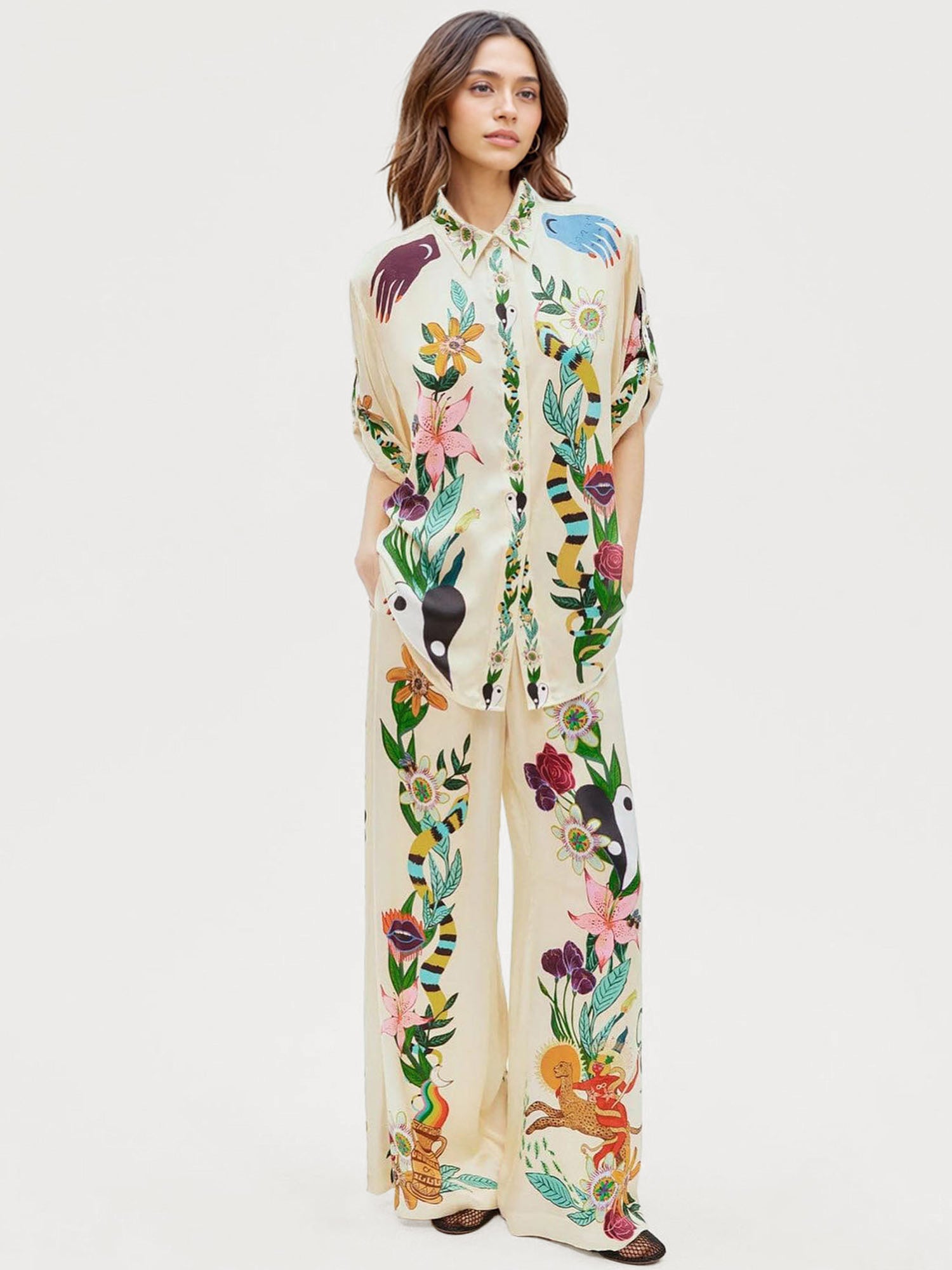 Satin Oversized Blouse Print Two-Piece Set