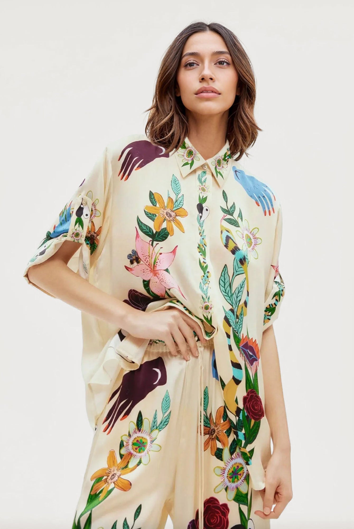 Satin Oversized Blouse with Sophisticated Print Two-Piece Set 2