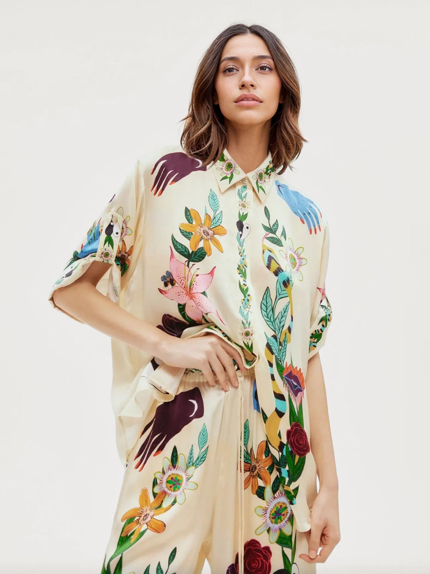 Satin Oversized Blouse with Sophisticated Print Two-Piece Set 2