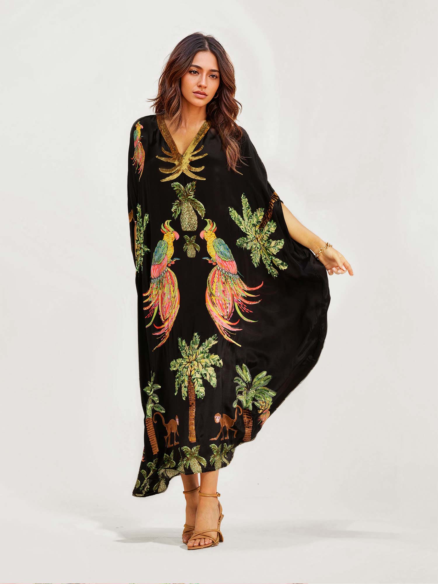 Black Parrot Print Maxi Dress-1