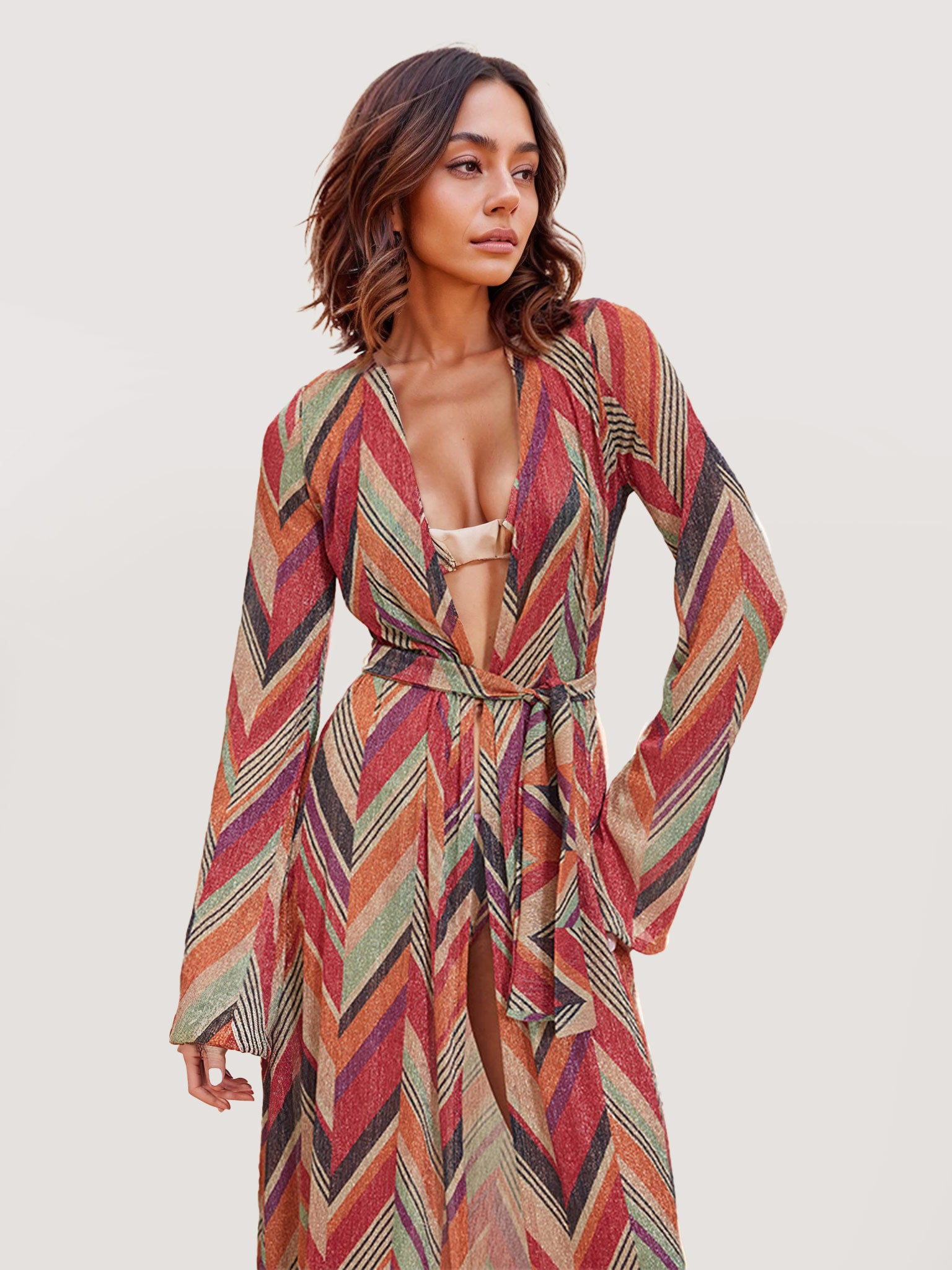 Chevron Print Open-Front Cardigan Two-Piece Set3