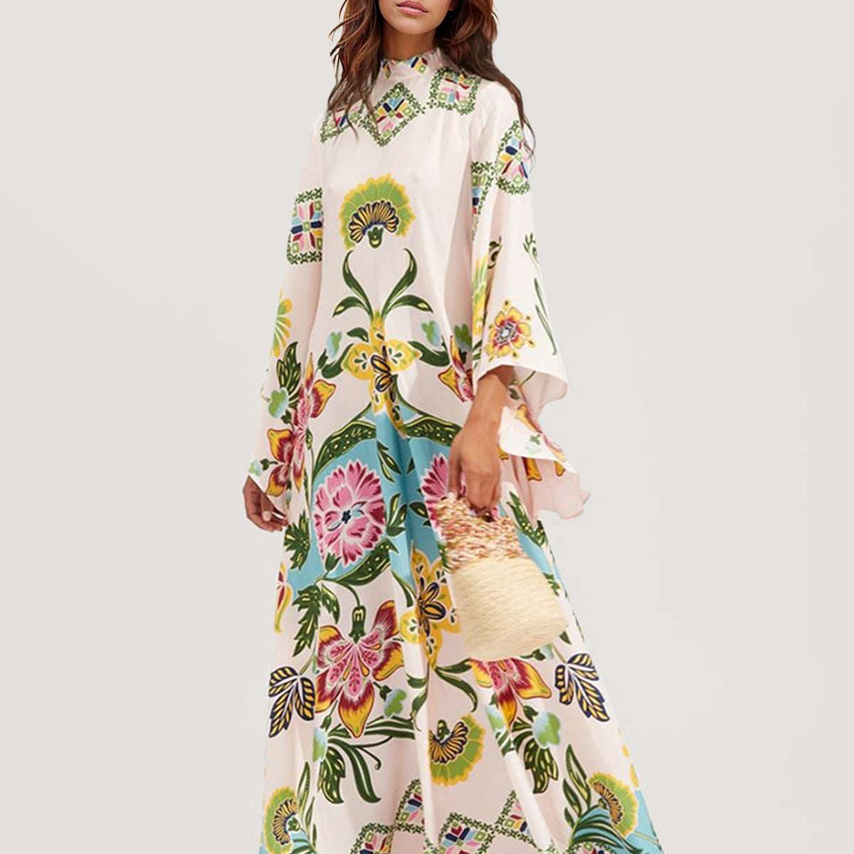Flower Printed Asymmetry Long Sleeves Bohemia Maxi Dresses