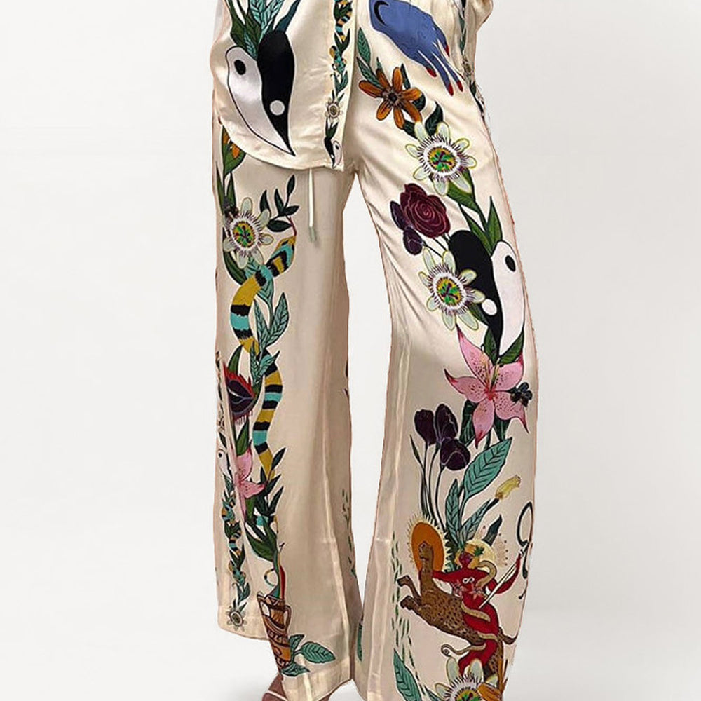 Satin Oversized Pants with Sophisticated Print Two-Piece Set