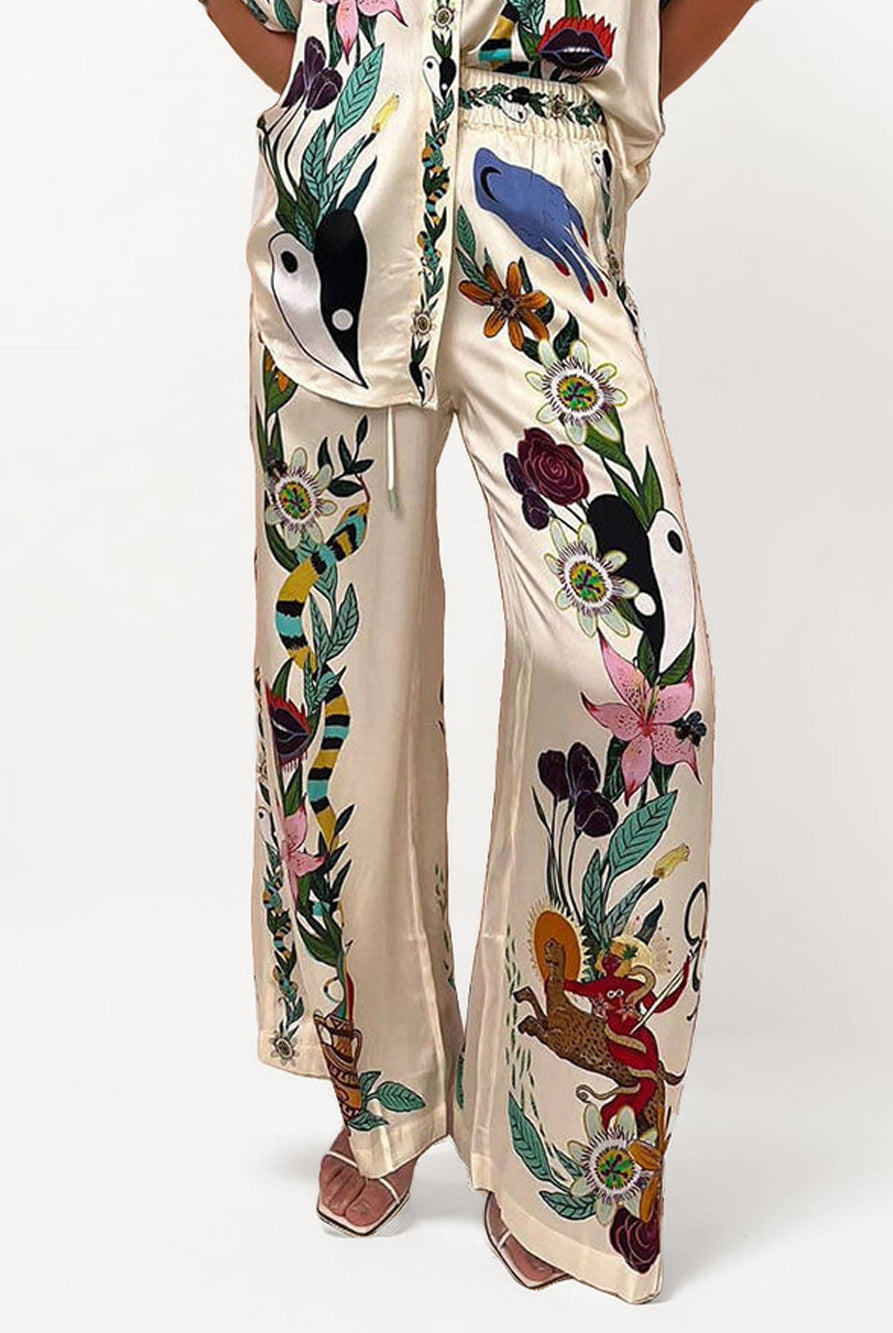 Satin Oversized Pants with Sophisticated Print Two-Piece Set