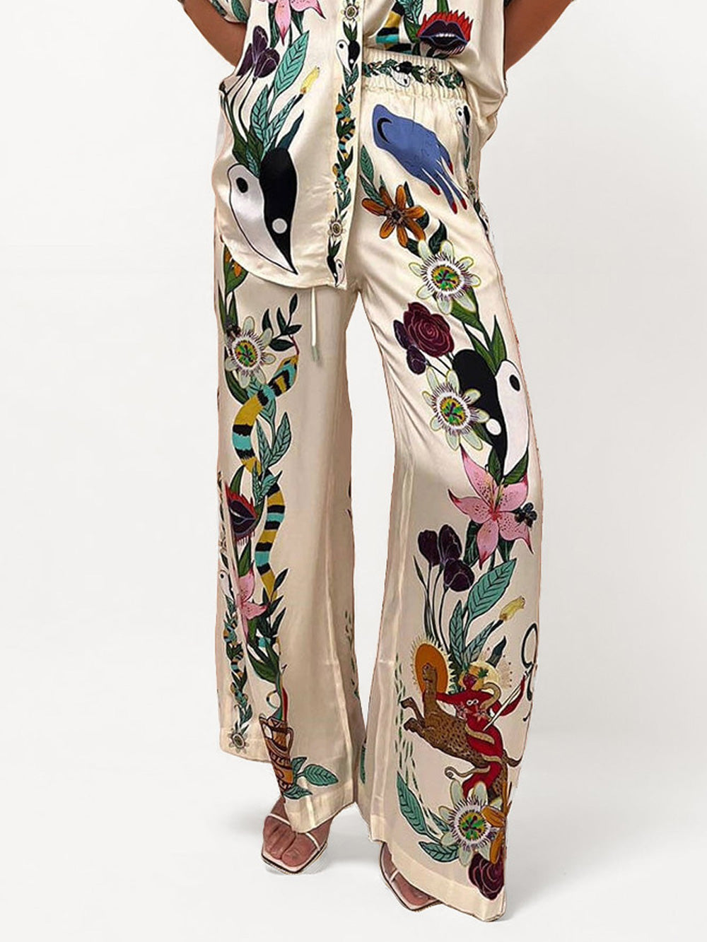 Satin Oversized Pants with Sophisticated Print Two-Piece Set