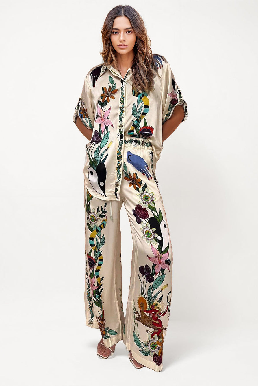 Satin Oversized Pants with Sophisticated Print Two-Piece Set