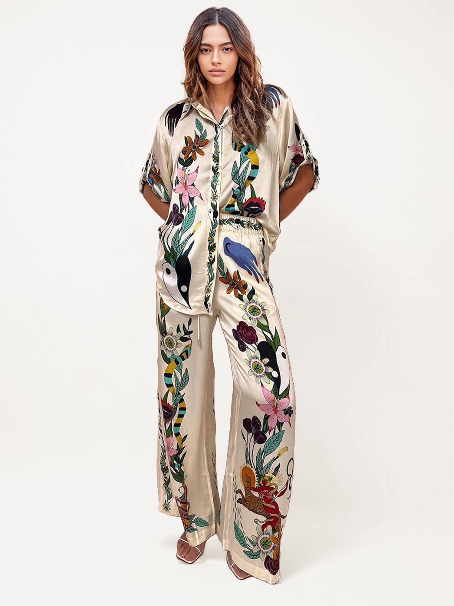 Satin Oversized Blouse with Sophisticated Print  Set