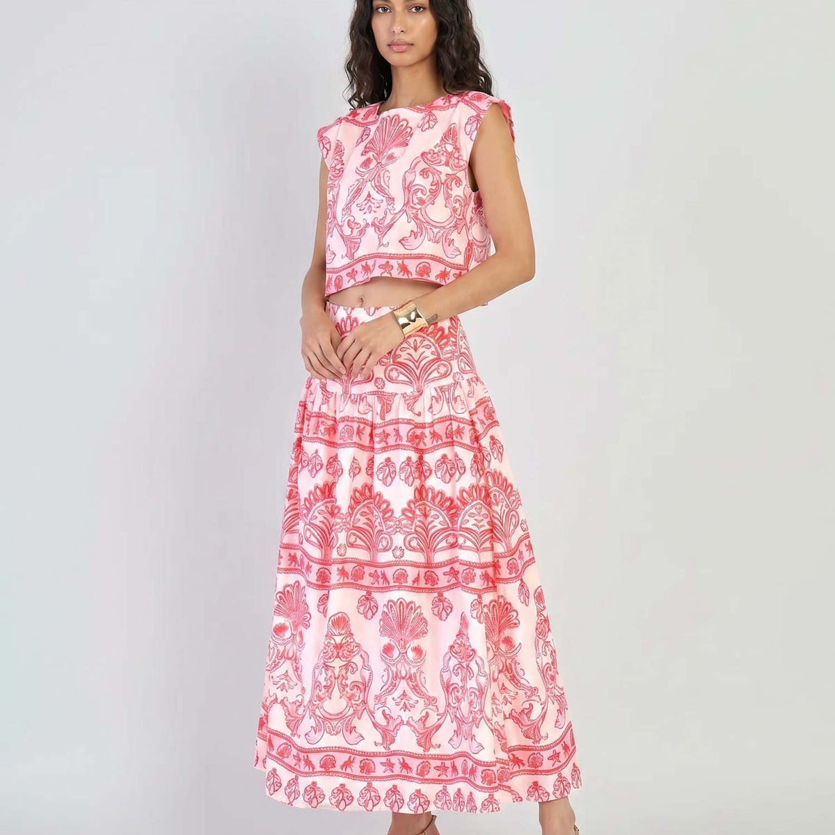 Pink Pattern Crop Top Flow Skirt Set – Dantўўase