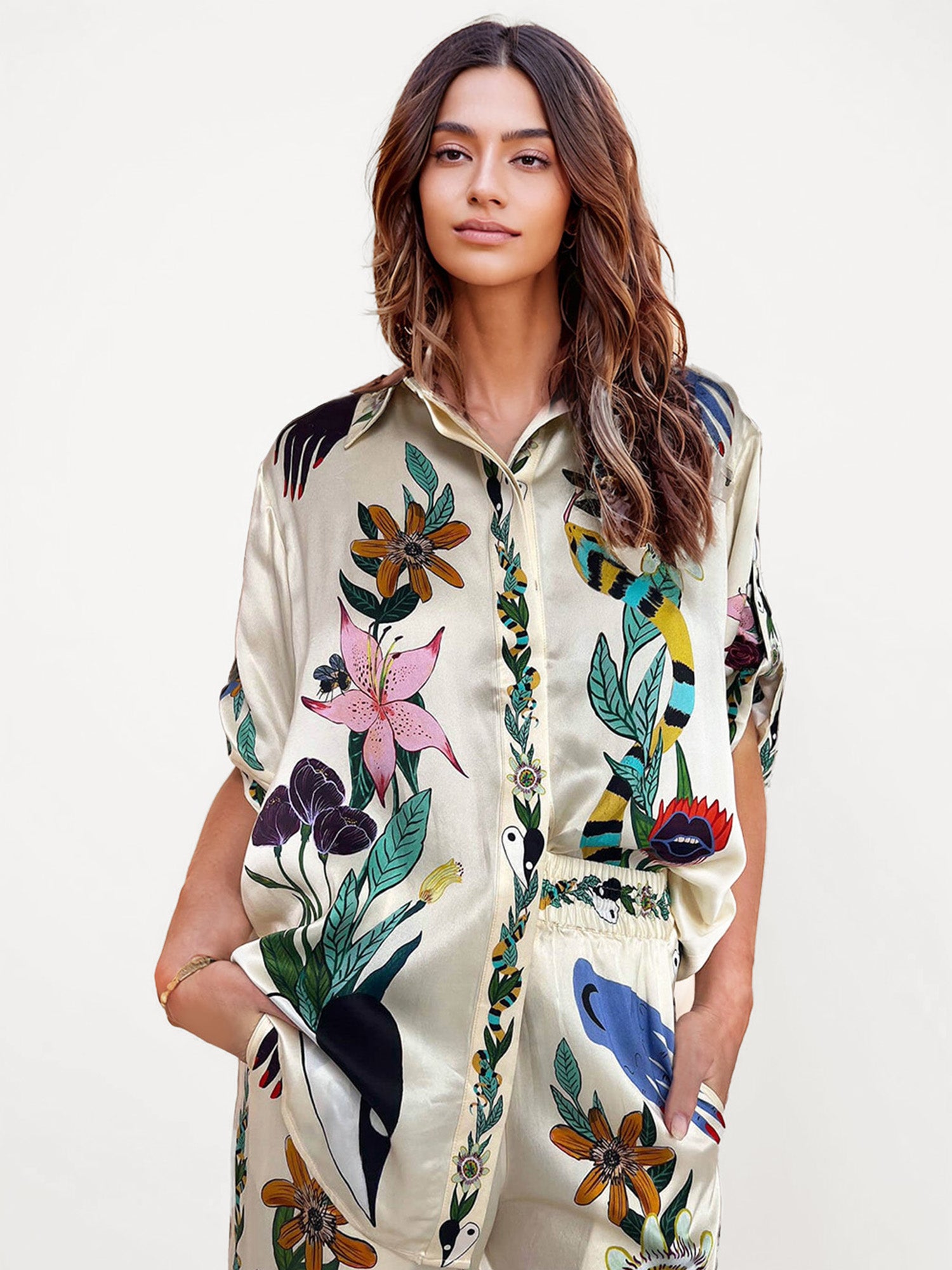 Satin Oversized Blouse with Sophisticated Print Two-Piece Set