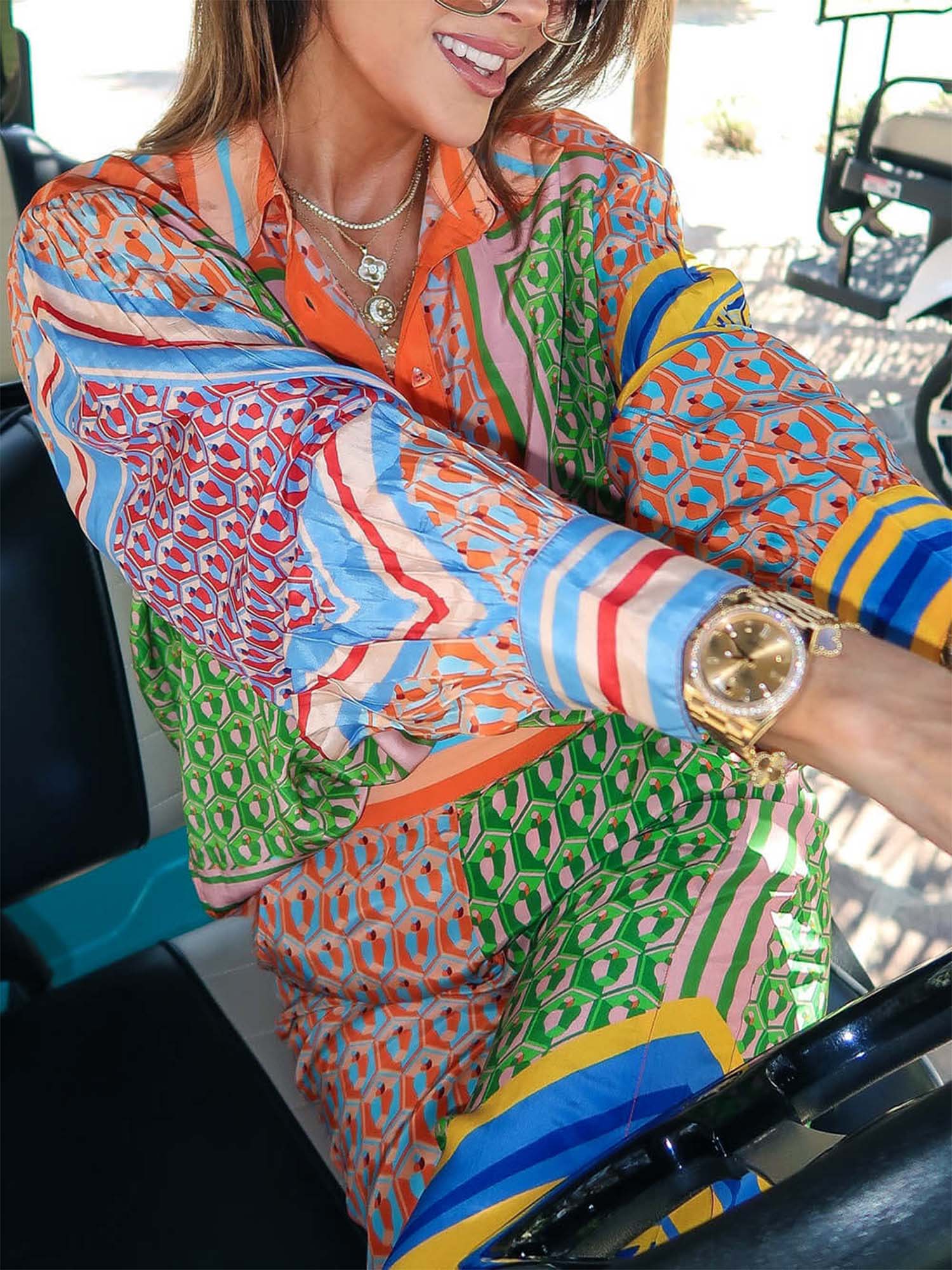 Print Oversized Button-Up Shirt with Colorblock Details