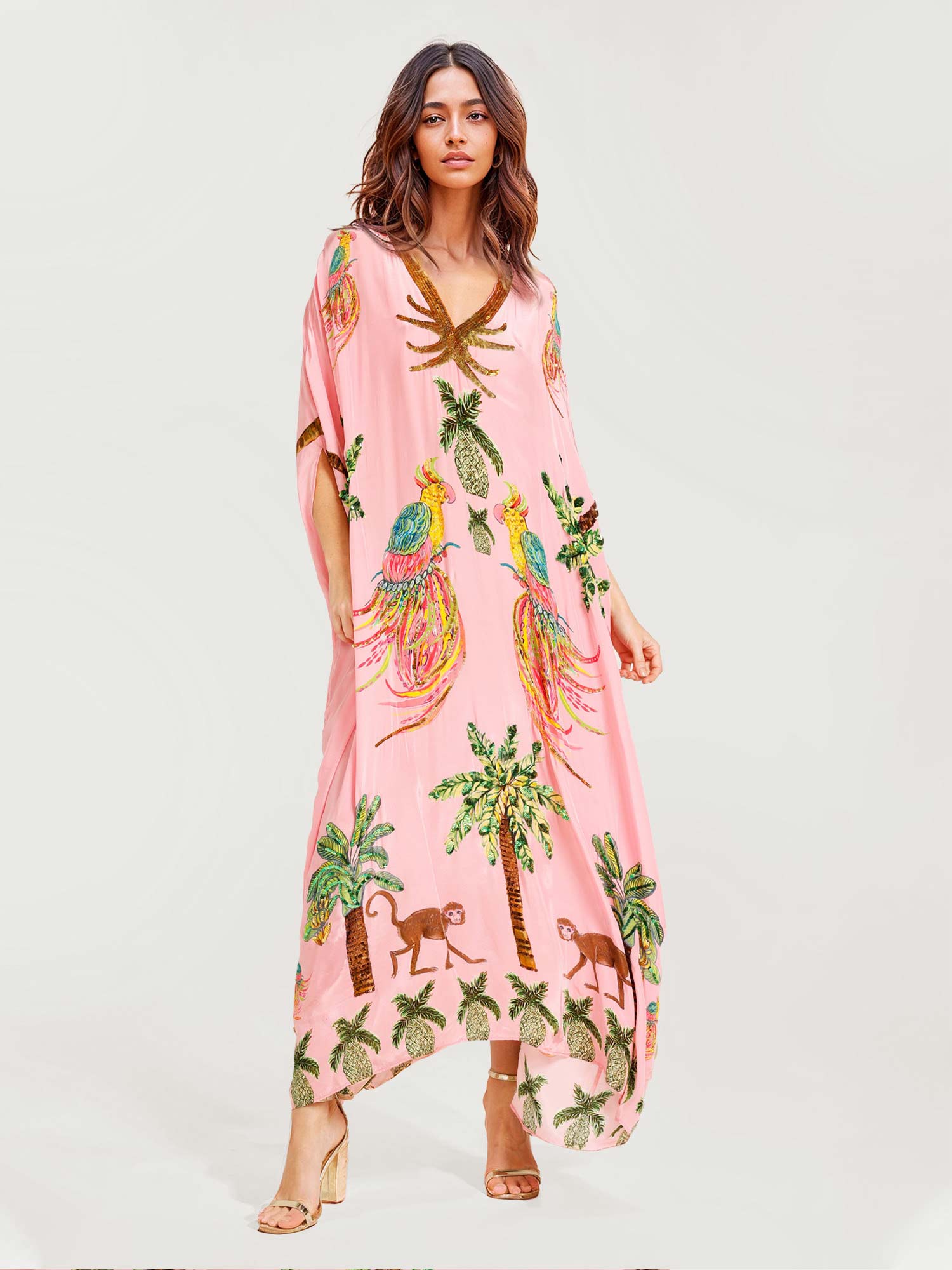 Pink Parrot Print Maxi Dress2