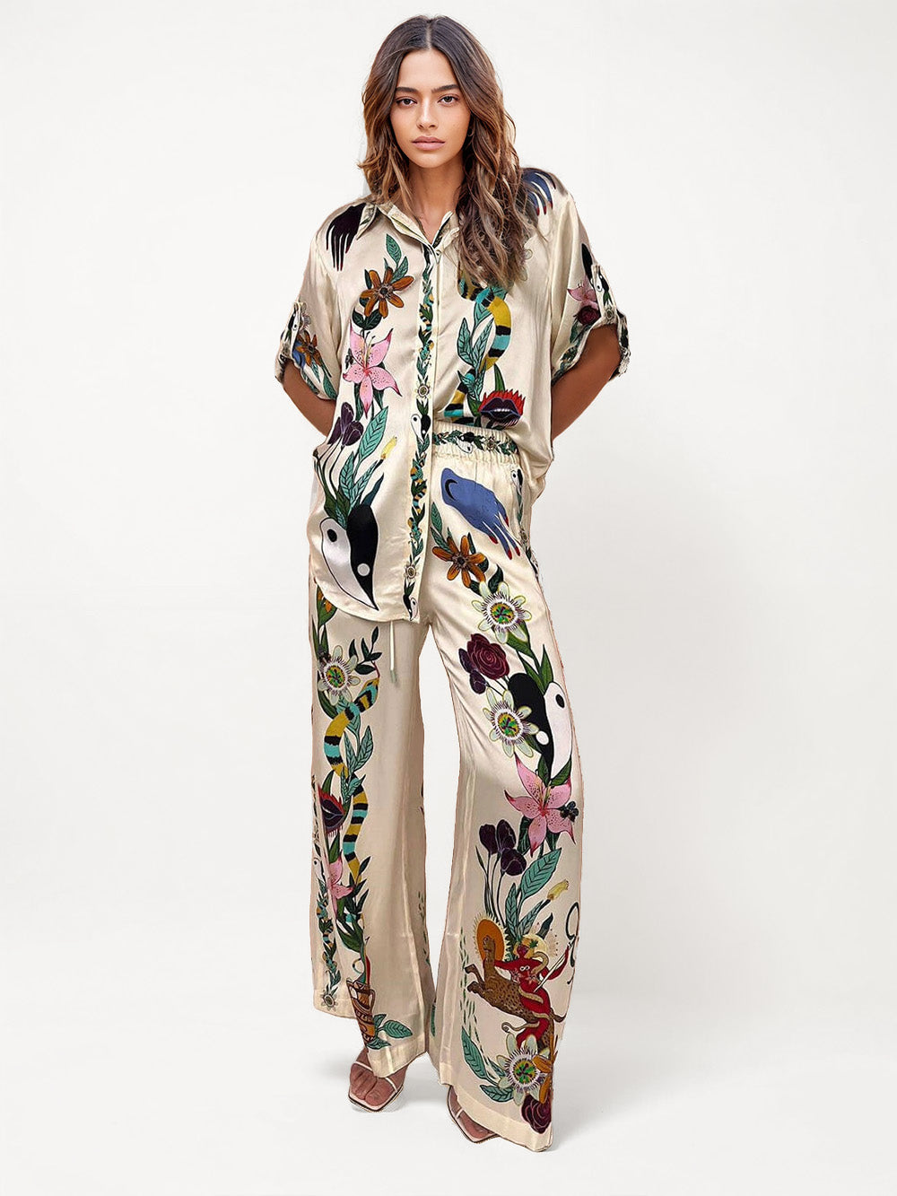 Satin Oversized Pants with Sophisticated Print Two-Piece Set